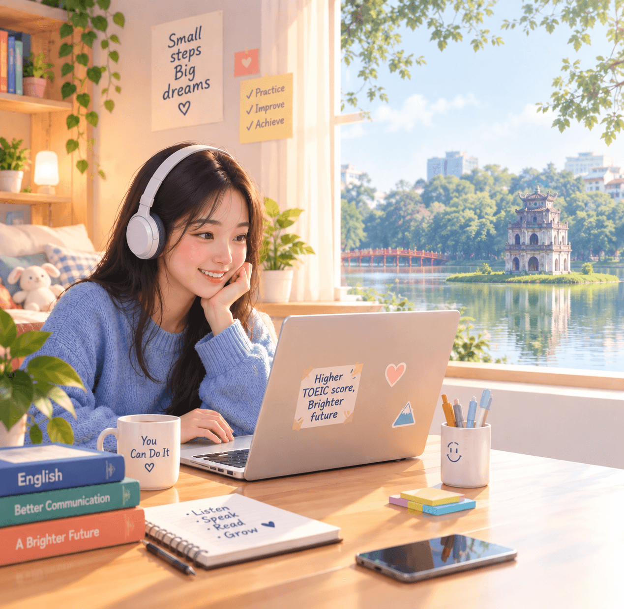 A student practising TOEIC Speaking and Writing at home