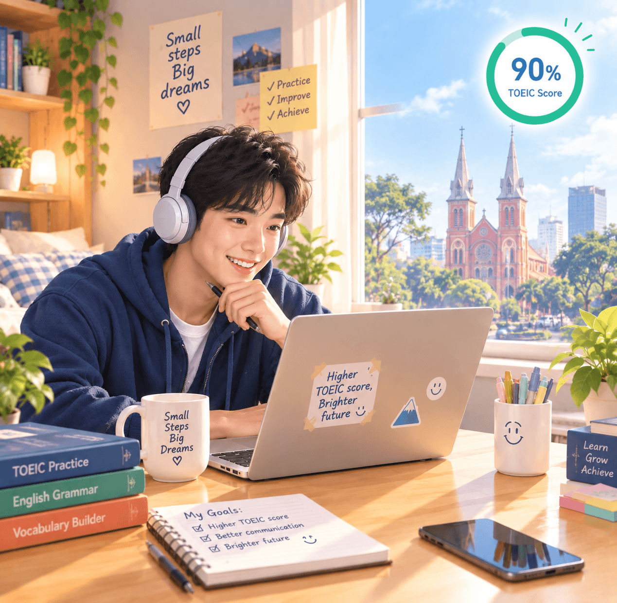 A student practising TOEIC Speaking and Writing at home